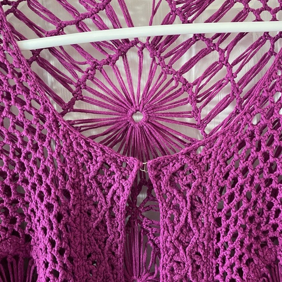 Raspberry Pink Crochet Fringe Jacket 1X - Picture 6 of 7